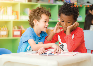 children reading book together