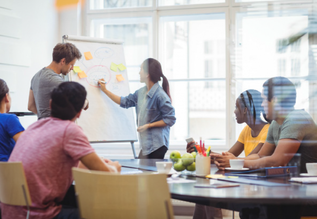 Writing on white board in a meeting