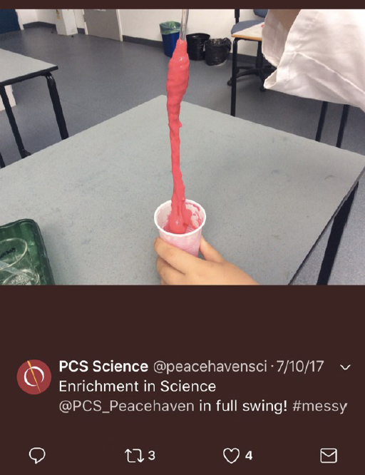 School tweet showing students learning science
