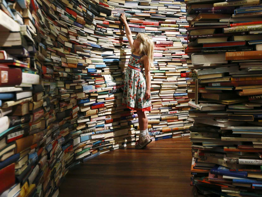 little girl reaching at a wall of books