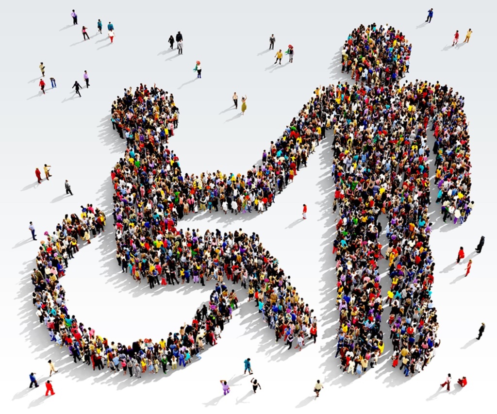 Wheelchair and able person image made from people