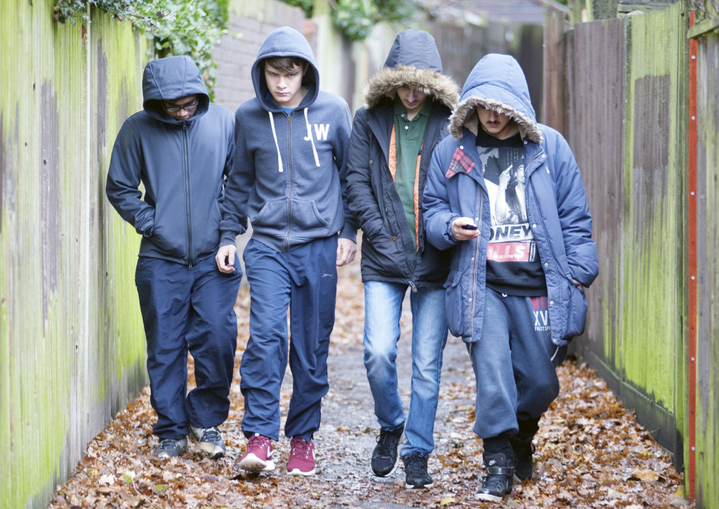 Group of youths in hoods walking