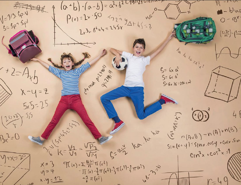 Children making geometric shapes with maths equations in the background.