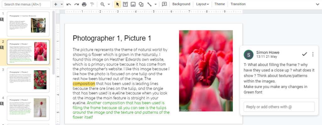 Picture of a tulip with student comments on  teh technique and composition and  teacher feedback