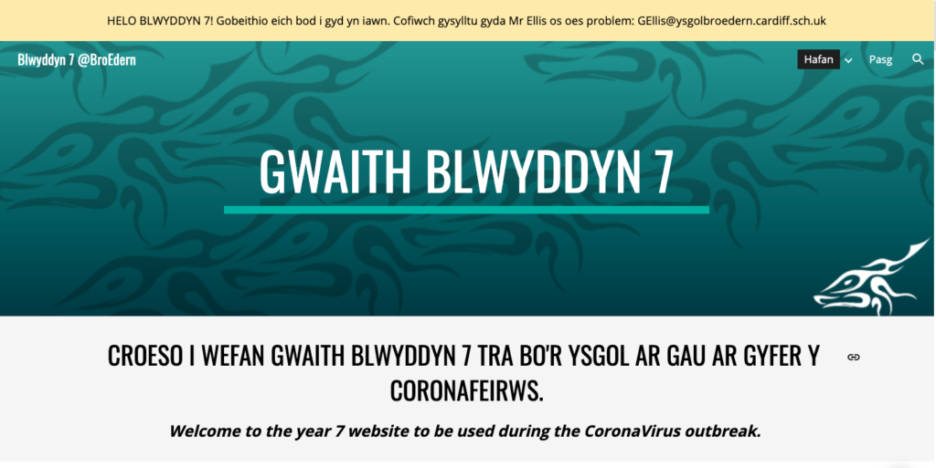 bilingual Welsh and English heading on a school website