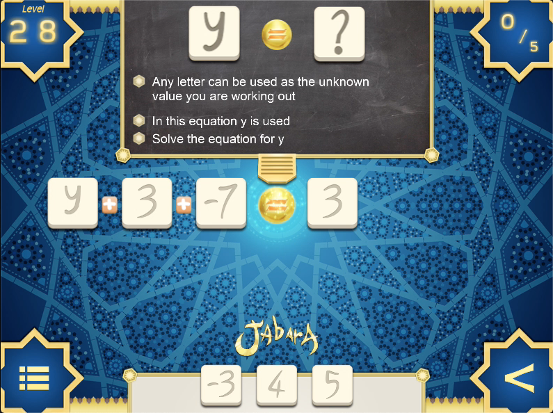 A screen shot of an online maths game featuring algebraic equations