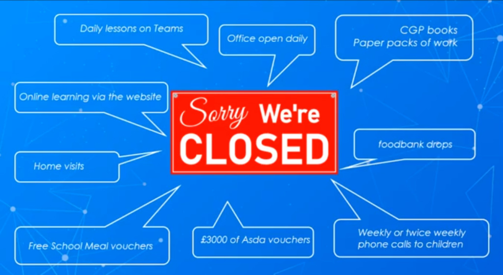 sign saying Sorry we're closed surrounded by 9 spehc bubbles showing what schools are doing eg food bank drops