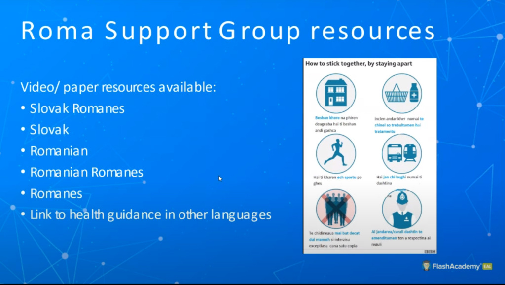 Powerpoint slide with a poster showing Covid restrictions in symbols and Slovak and Romanian