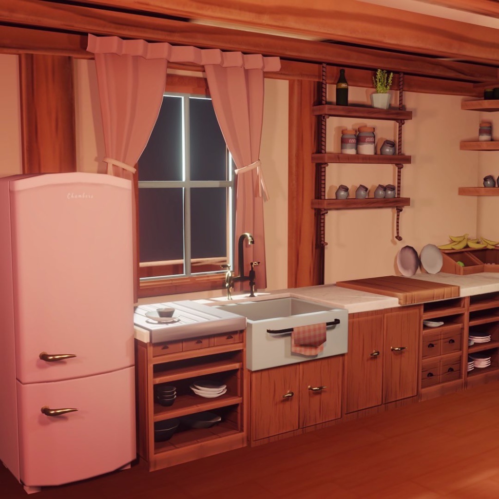 An illustration of a countgry kitchen with window, rustic dresser and fridge i nteh style of a child's picture book