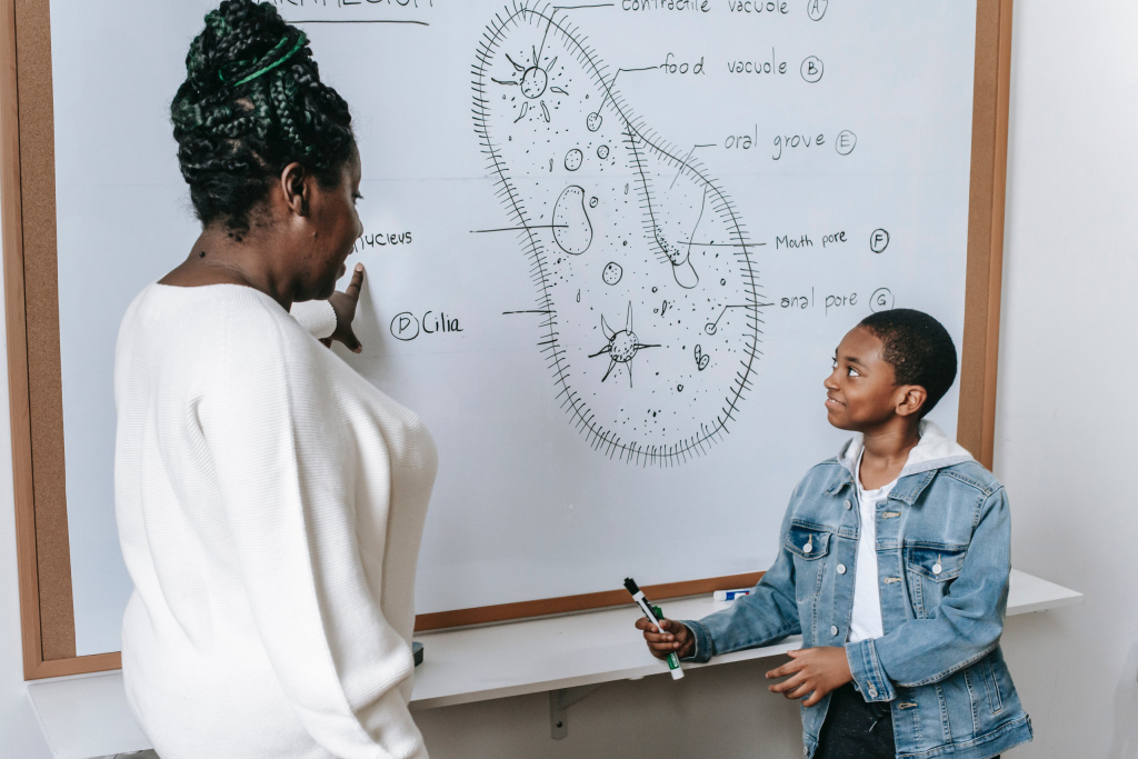 Female science teacher showing student a diagram of a cell